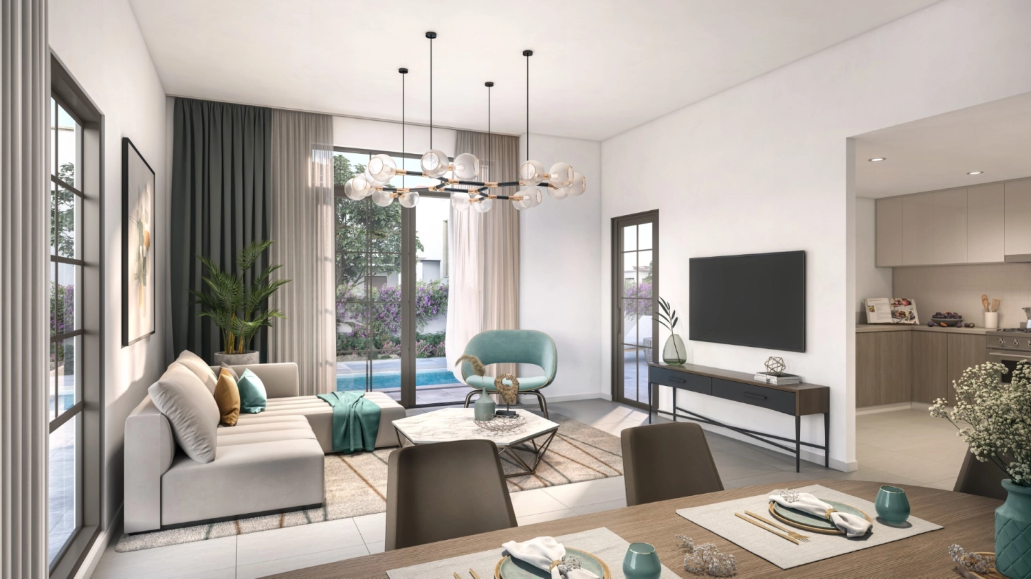Bright and spacious living room in a Yas Park Views villa with large windows